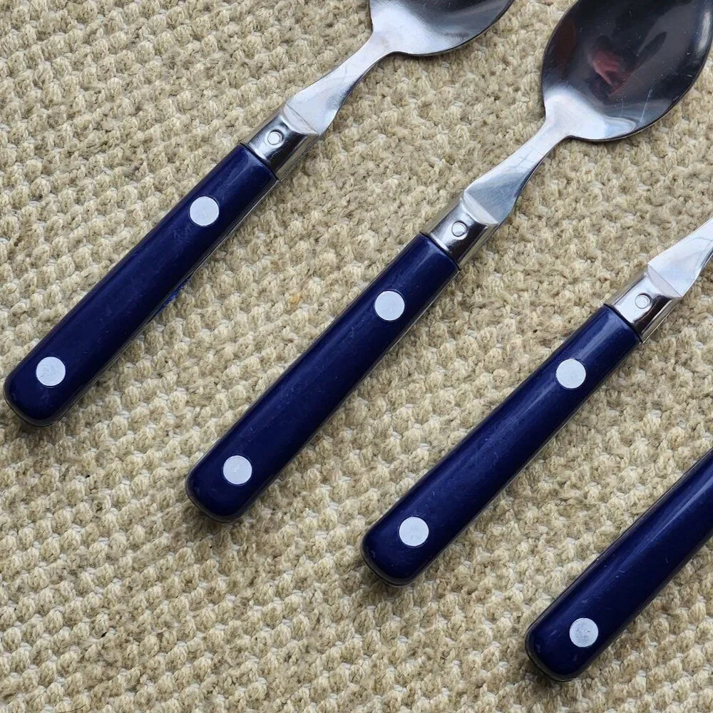 4 Teaspoons Stainless Inox 18/0 Blue Plastic Handle 2 Rivets 6